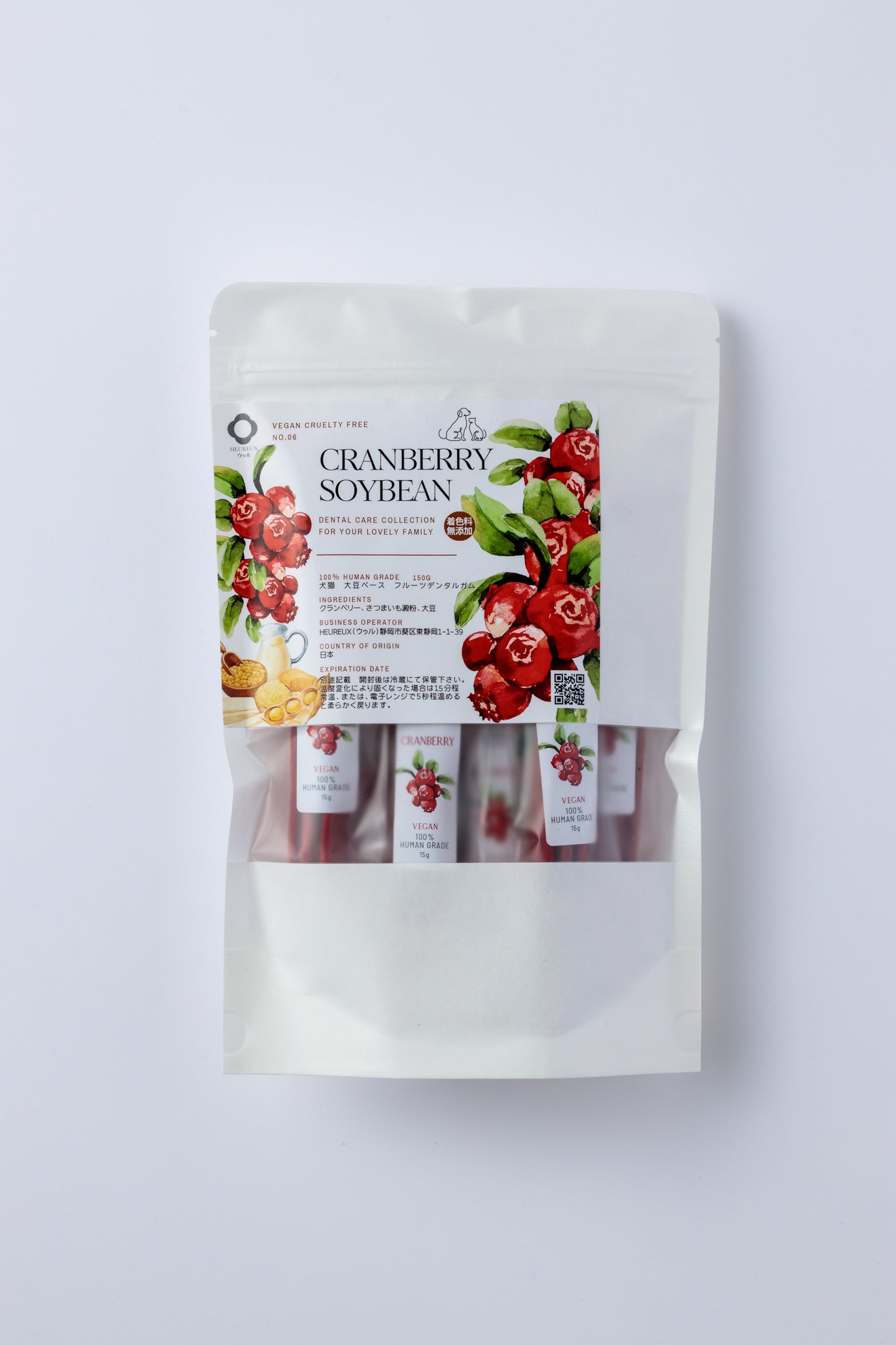 【予約販売受付中！7月15日以降の発送】関節サポートデンタルガム クランベリー 大豆ベース 154g 犬 猫 用 無添加 無着色